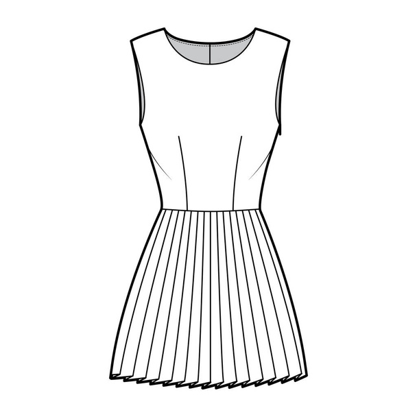 Vestido plissado ilustração de moda técnica com mangas, corpo equipado, mini saia de comprimento. Roupa plana frente, costas - Vetor, Imagem