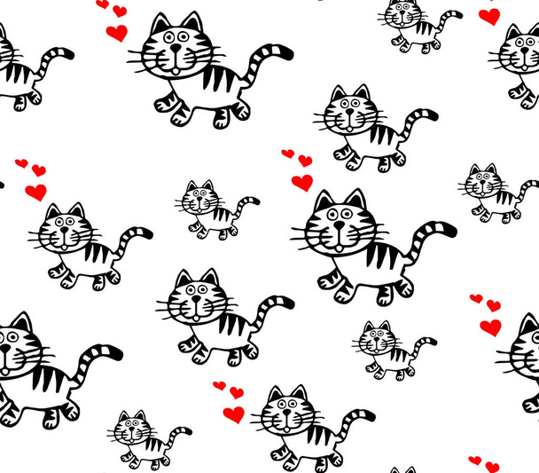 A cat drawn in black lines with red hearts on a white background.Seamless pattern. - Photo, Image
