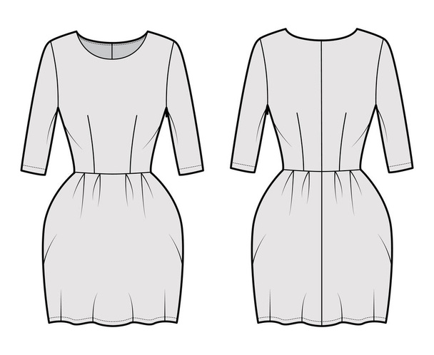 Šaty zvonek technické módní ilustrace s lokty rukávy, montované tělo, mini délka tužka sukně. Ploché oblečení vpředu - Vektor, obrázek