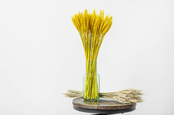 Gelbe Weizensträuße zur Dekoration auf rundem Hocker mit weißem Hintergrund - Foto, Bild