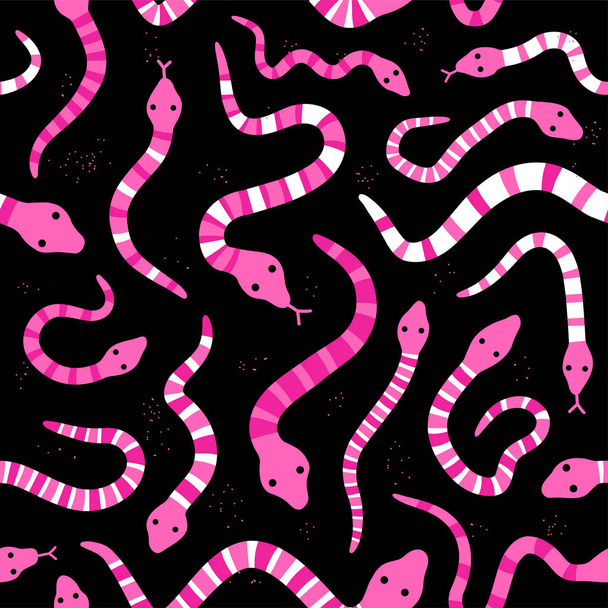 Serpents roses sur fond noir motif sans couture. Icône d'illustration de style grunge dessinée à la main vectorielle. Différents serpents roses motif sans couture - Vecteur, image