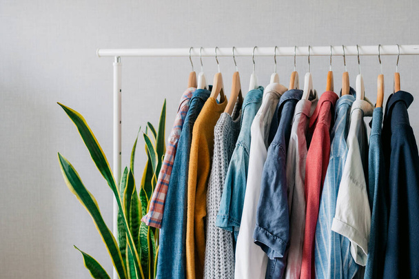 Closet, clothes hanging on hangers, stylish closet selection on a rail in the living room, - Φωτογραφία, εικόνα
