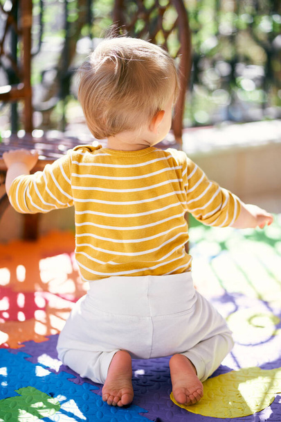 Malé dítě klečí na barevném koberci na balkóně. Zadní pohled - Fotografie, Obrázek