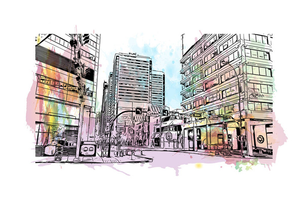 Print  Building view with landmark of Calgary is the city in Canada. Watercolor splash with hand drawn sketch illustration in vector - Vector, Image
