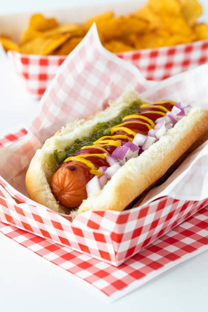 Egy hot dog közelsége piros-fehér kockás tálcán, burgonyaszirmokkal a hátuljában, készen az evésre.. - Fotó, kép