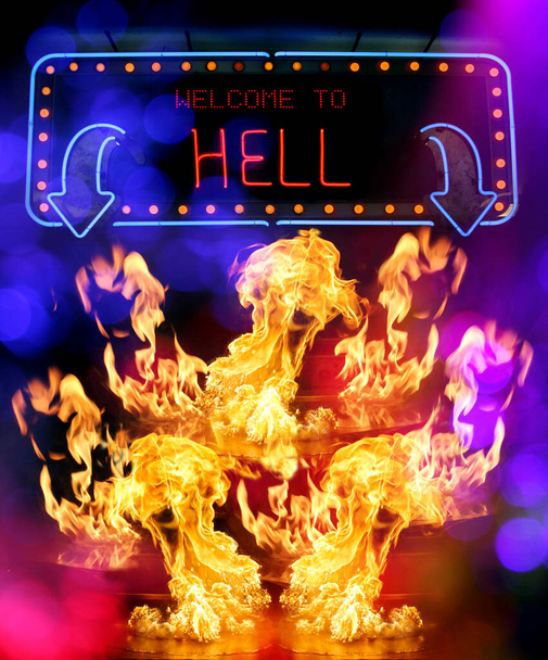 Bienvenido al infierno Neon Sign With Flames Compoet - Foto, imagen