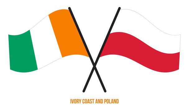 象牙海岸とポーランドの旗が交差し、フラットスタイルを振っています。正式名称。正しい色. - ベクター画像