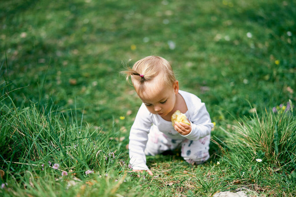 Küçük kız dizlerinin üstüne çöküp elinde elmayla yeşil bir çayıra yaslanıyor. - Fotoğraf, Görsel