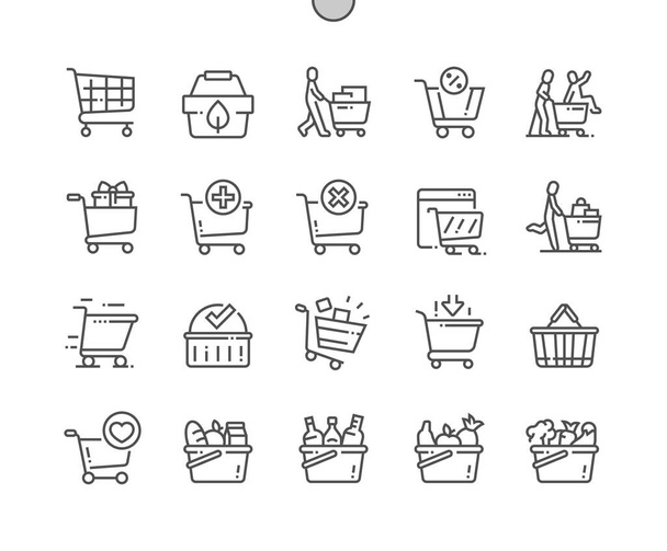 Carrinho de compras. Loja, supermercado, marketing, cesta, loja, varejo. Eco compras. Pixel vetor perfeito ícones de linha fina. Pictograma mínimo simples - Vetor, Imagem