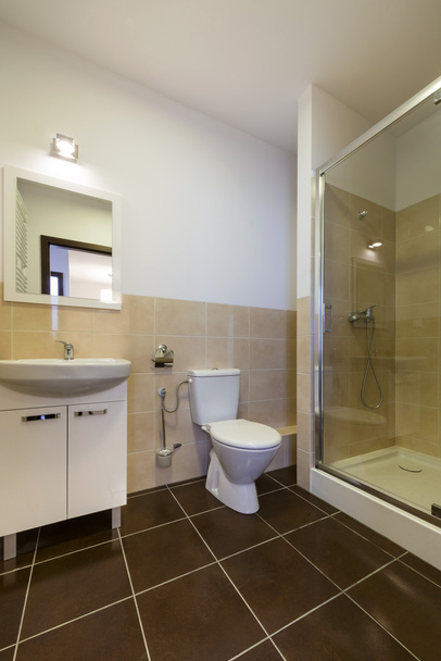 Salle de bain moderne avec lavabos, toilettes et douche
. - Photo, image