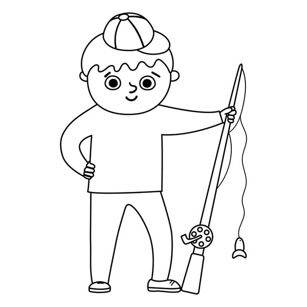 Roztomilý černobílý chlapec stojící s prutem. Šťastné dítě připravené na rybaření. Vektorová ilustrace letního tábora. Obrysová postava kempování. Ikona turistické linky Woodland Travel. Skvělé pro transparenty - Vektor, obrázek