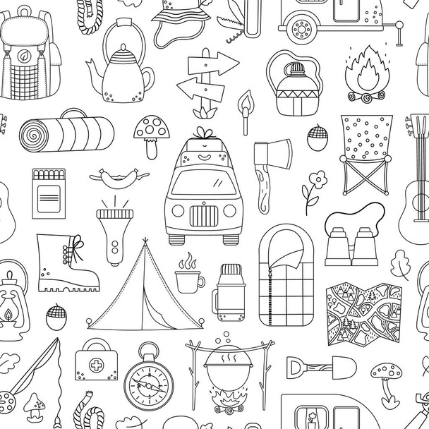 Vector black and white summer camp seamless pattern. Camping, hiking, fishing repeat background. Outdoor nature tourism line digital paper with backpack, van, rod, clothes, fire place. - Vettoriali, immagini