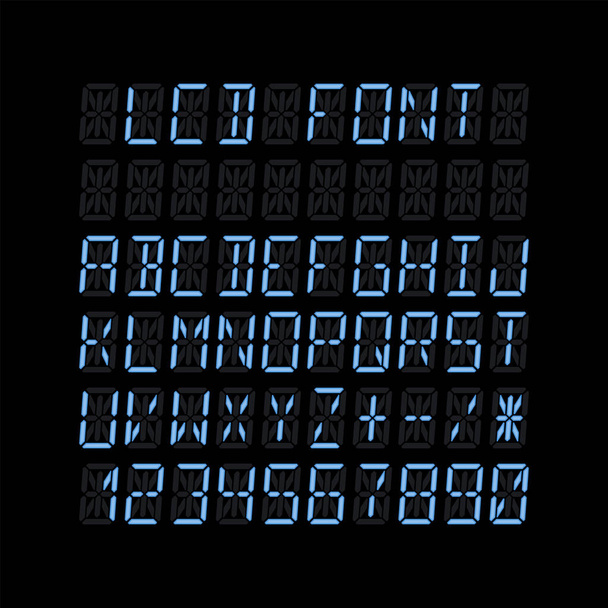 Realista brilhante fonte de quatorze segmentos com letras e números para telas lcd em fundo preto. Ilustração vetorial - Vetor, Imagem