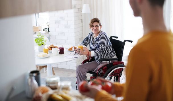 Disabled mature woman in wheelchair sitting at the table indoors at home, talking to friend. - Fotografie, Obrázek