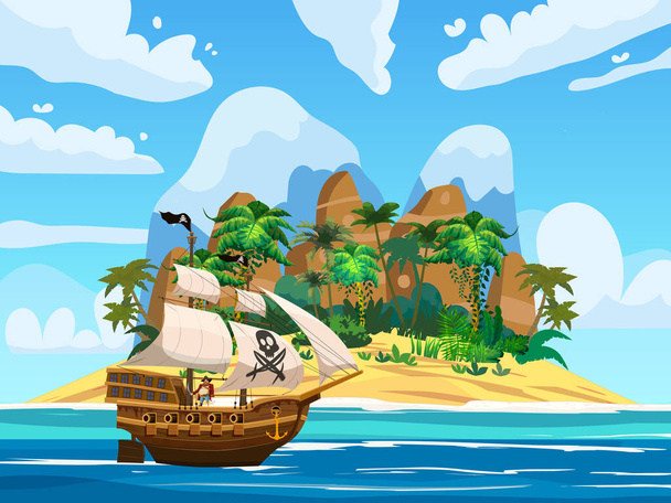 Pirátská loď pod plachtou v oceánu, Ostrov Poklad tropické, palmy, hory. Mořská krajina, dobrodružství, hra. Vektorová ilustrace - Vektor, obrázek