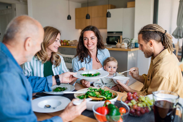 Happy multigeneration family indoors at home eating healthy lunch. - Foto, Imagem
