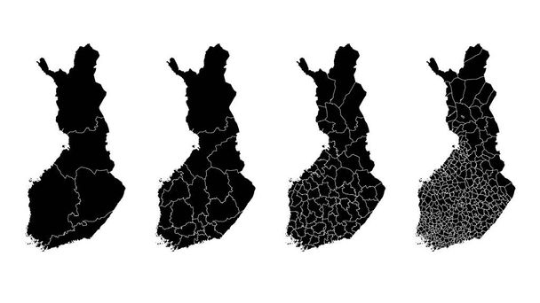 Φινλανδία χάρτης δημοτικός, περιφέρεια, κρατική διαίρεση. Διοικητικά σύνορα, περίγραμμα μαύρο σε λευκό φόντο διανυσματική απεικόνιση. - Διάνυσμα, εικόνα