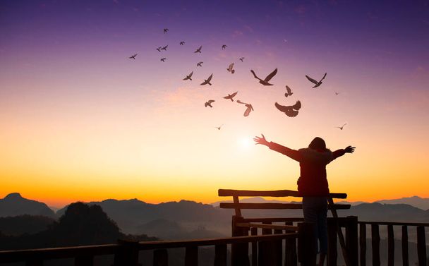 Meisje heffen hand omhoog op de top van de berg en zonsondergang met vogels vliegen in de lucht. vrijheid reizen avontuur concept. - Foto, afbeelding