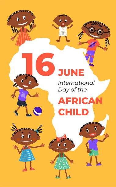 Mezinárodní den afrického dítěte. Roztomilé a zábavné děti z Afriky. Kreslený styl. Vhodné pro blahopřání, plakát a banner. - Vektor, obrázek