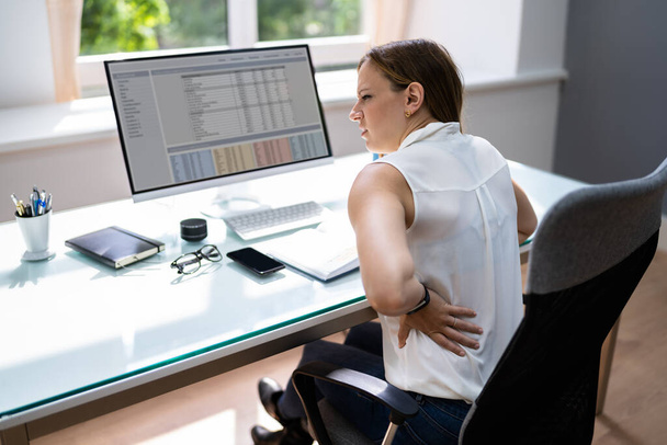 Back Pain And Bad Posture Stress At Office Computer - Fotoğraf, Görsel