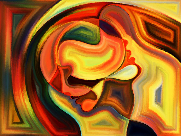 Mistyczny, malowany wzór ludzkich głów przypominający wzór ze szkła ołowiowego. - Zdjęcie, obraz