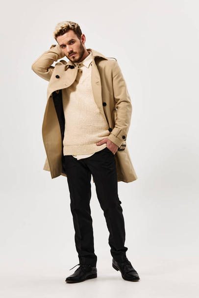 handsome man modern coat style fashion full height lifestyle - Zdjęcie, obraz