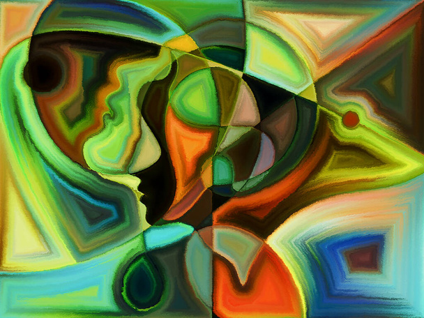 Kolorowy, malowany wzór głowy człowieka przypominający wzór witraża. - Zdjęcie, obraz