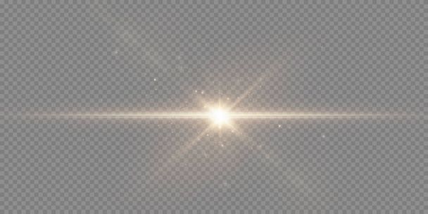 De zon schijnt felle lichtstralen met realistische schittering. Lichtster op een transparante zwarte achtergrond. - Vector, afbeelding