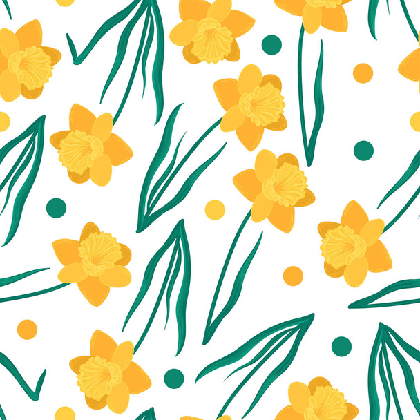 patrón floral sin costuras con narcisos, hojas verdes y círculos. Flores amarillas dibujadas a mano vector fondo - Vector, Imagen