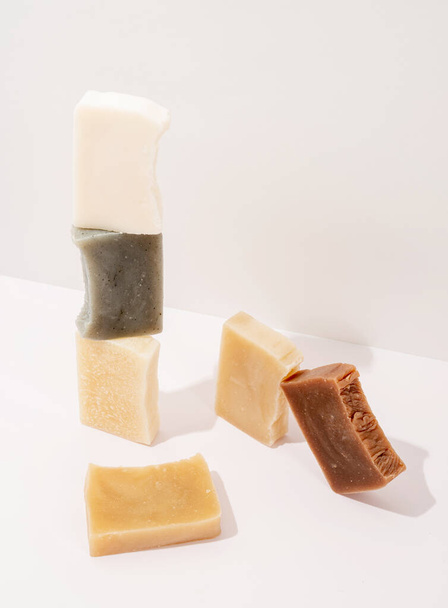 Natural cosmetics. handmade soap composition, stack of organic natural soap on white background - Zdjęcie, obraz