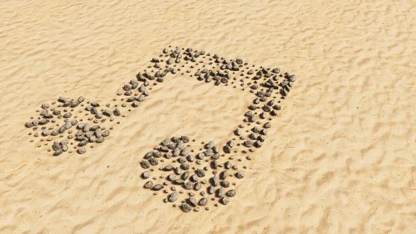 Käsitteellinen kiviä rannalla hiekka käsintehty symboli muoto, kultainen hiekkainen tausta, musiikki merkki. 3D-kuvitusmetafora melodialle, tempolle, multimedialle, sommitelmalle, harmonialle tai klassiselle äänelle - Valokuva, kuva