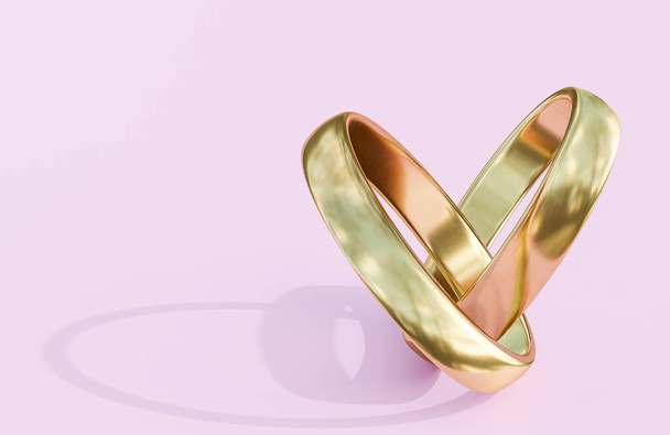 Zlaté snubní prsteny na růžovém pozadí., 3D model a ilustrace. - Fotografie, Obrázek