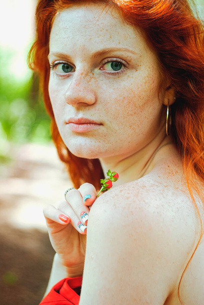 Awesome girl with freckles and red hair posing with a lowered red dress and bare shoulders on wild nature. Portrait of boho woman posing in summer countryside. Happy fashion lifestyle.  - Photo, Image