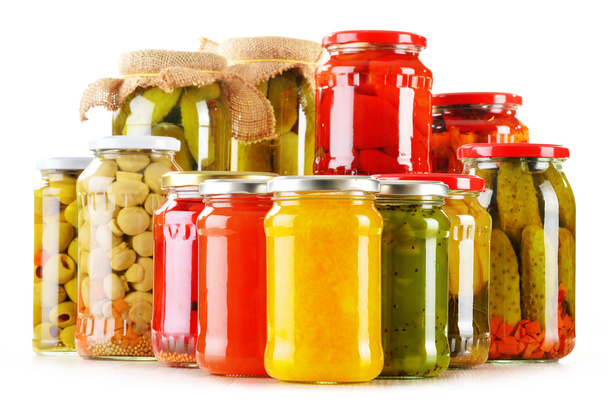 Composition with jars of pickled vegetables. Marinated food - Photo, Image
