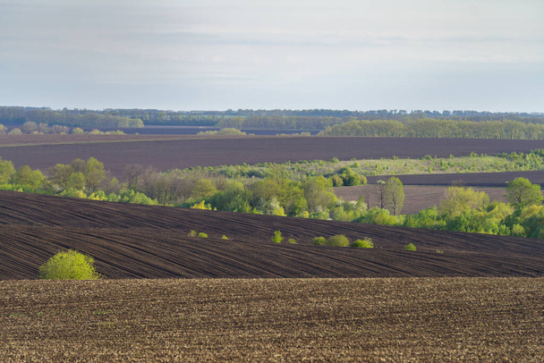 Field ploughed in spring. Podilski Tovtry nature reserve in Podolia region, South-Western Ukraine - Fotoğraf, Görsel