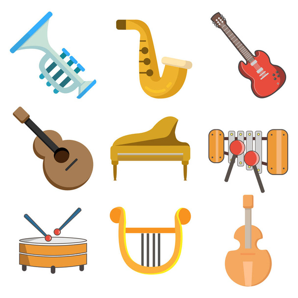 hudební nástroje vektorový klip set, bicí nástroje, klavír, dulcimer, barbitos, housle, trubka, saxofon. hudební nástroje vektorový klip set, bicí nástroje, klavír, dulcimer, barbitos, housle, trubka, saxofon. - Vektor, obrázek