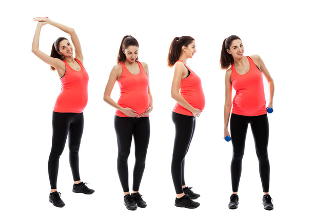 A set of images of a young pregnant woman in sports uniform. Full height. Active lifestyle and health care. Collage. Isolated on white background. - Valokuva, kuva