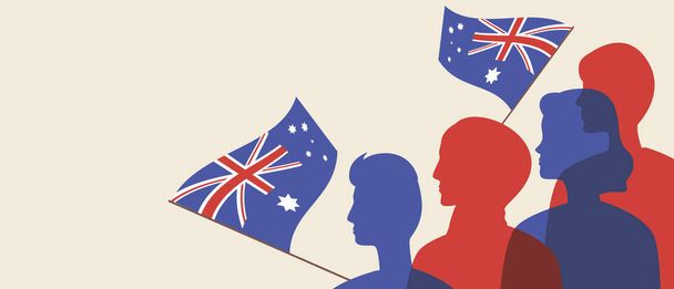 Sylwetki Australijczyków, kopiuj kosmiczny szablon. Ilustracja wektora kolorów. Ludzie z flagą Australii. Obywatele to patrioci. Szablon nakładki. Ilustracja z miejscem na tekst - Wektor, obraz