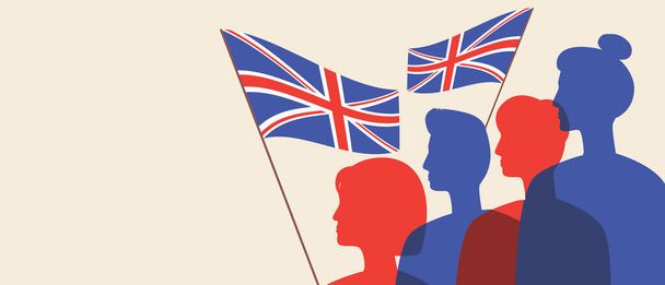 英国のシルエット、スペーステンプレートをコピーします。カラーベクトルストックイラスト。イギリスの国旗を持つ人々。市民は英国の愛国者です。テキストのための場所とイラスト - ベクター画像