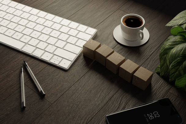 Trabajo desde casa. escritorio con teclado, cubos de madera en blanco, taza de café y pluma en la mesa de madera. Vista superior plana - Foto, imagen