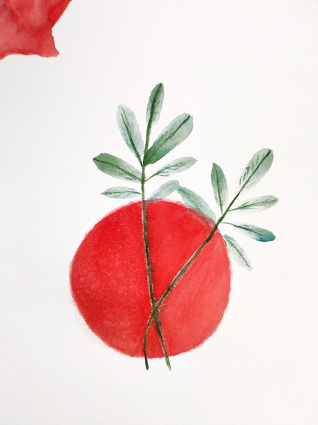 緑の枝と赤い太陽日本の象徴。水彩画 - 写真・画像