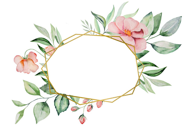 Akwarela różowe kwiaty i zielone liście ramka karty, romantyczny pastel ilustracja z akwarelowym tle. Na wesele stacjonarne, pozdrowienia, tapety, moda, plakaty - Zdjęcie, obraz