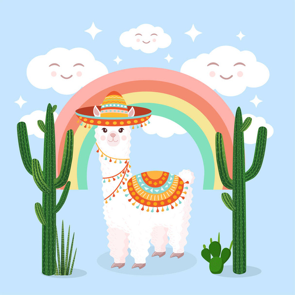 Cute llama or alpaca in a sombrero against a background of rainbow and cheerful clouds. Vector illustration for greeting card, poster, texture, textile, decor. Cartoon character - Vetor, Imagem