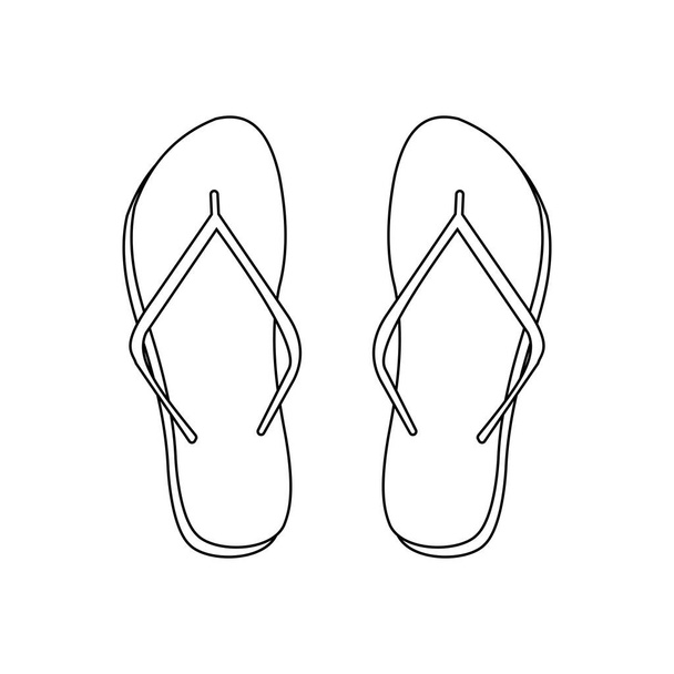 The flip-flops are drawn with a black line on a white background. Slippers as a shoe design element, printing on T-shirts, pillow decor, travel and leisure paraphernalia. Page for coloring.  - Zdjęcie, obraz