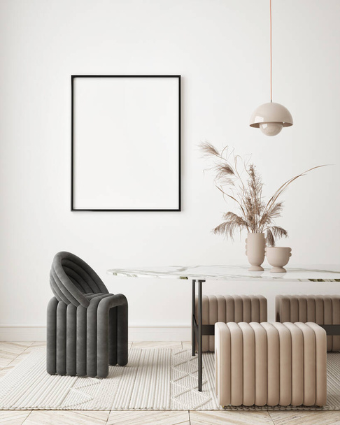 marco del cartel de la maqueta en el fondo interior moderno, sala de estar, estilo minimalista, renderizado 3D, ilustración 3D - Foto, imagen