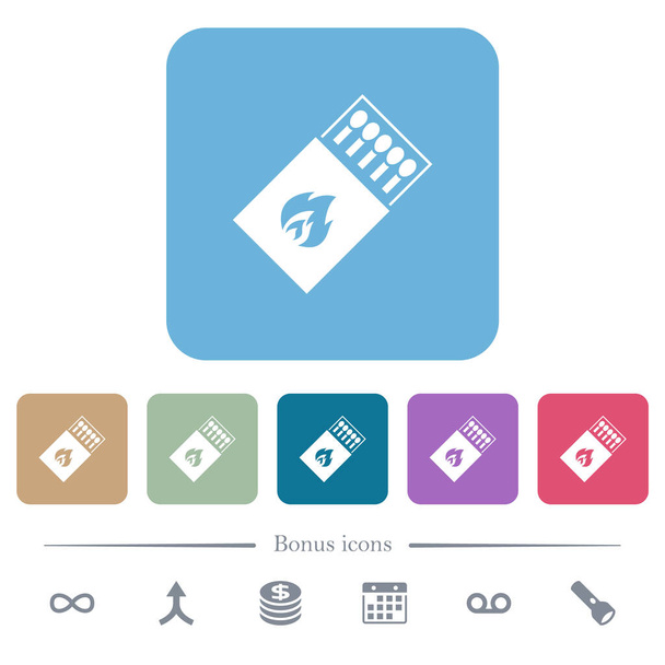 Pudełko meczów białe płaskie ikony na zaokrąglonych kwadratowych tłach. 6 ikon bonusowych - Wektor, obraz