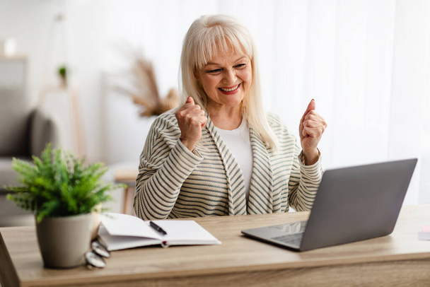volwassen vrouw met behulp van laptop vieren succes schudden vuisten - Foto, afbeelding