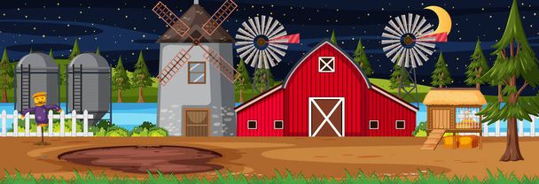Scène horizontale des terres agricoles avec grange et moulin à vent la nuit illustration - Vecteur, image