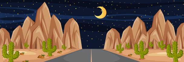 Горизонтальна сцена з довгою дорогою через пустелю вночі ілюстрація
 - Вектор, зображення