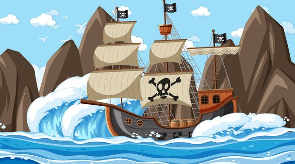 Oceano con nave pirata durante il giorno scena in stile cartone animato illustrazione - Vettoriali, immagini
